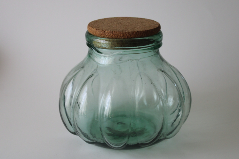 photo of Spanish green recycled glass jar, hand blown glass melon shape canister w/ large cork #1