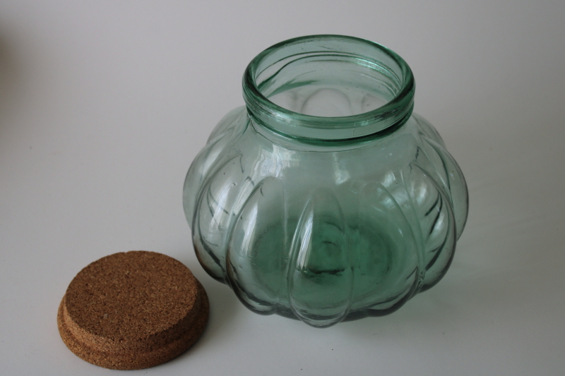 photo of Spanish green recycled glass jar, hand blown glass melon shape canister w/ large cork #2