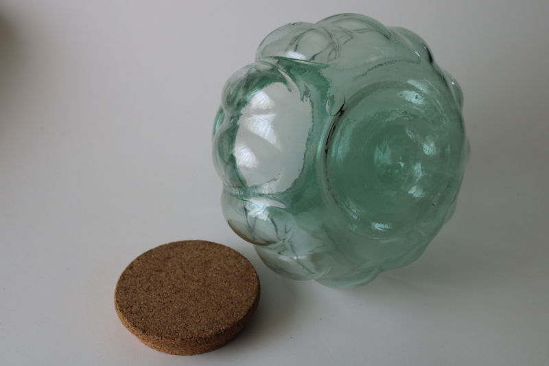 photo of Spanish green recycled glass jar, hand blown glass melon shape canister w/ large cork #3