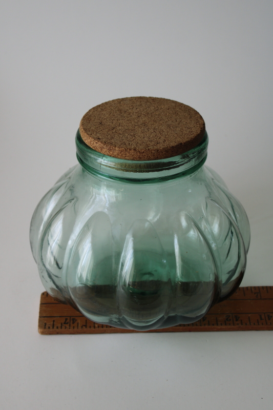 photo of Spanish green recycled glass jar, hand blown glass melon shape canister w/ large cork #5