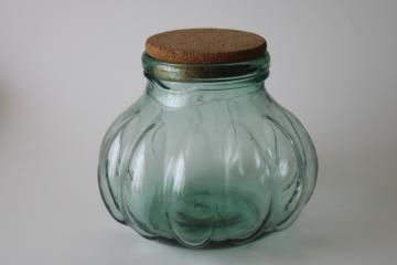 Spanish green recycled glass jar, hand blown glass melon shape canister w/ large cork