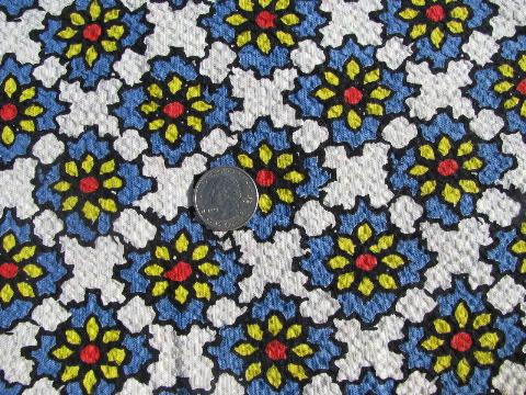 photo of Spanish tiles blue w/ yellow daisies print vintage fabric, light cotton plisse #1