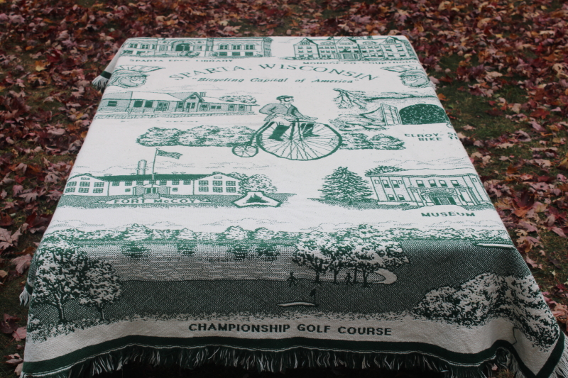 photo of Sparta Wisconsin souvenir blanket, woven throw w/ bike trail town landmarks, Ben Bikin  #1