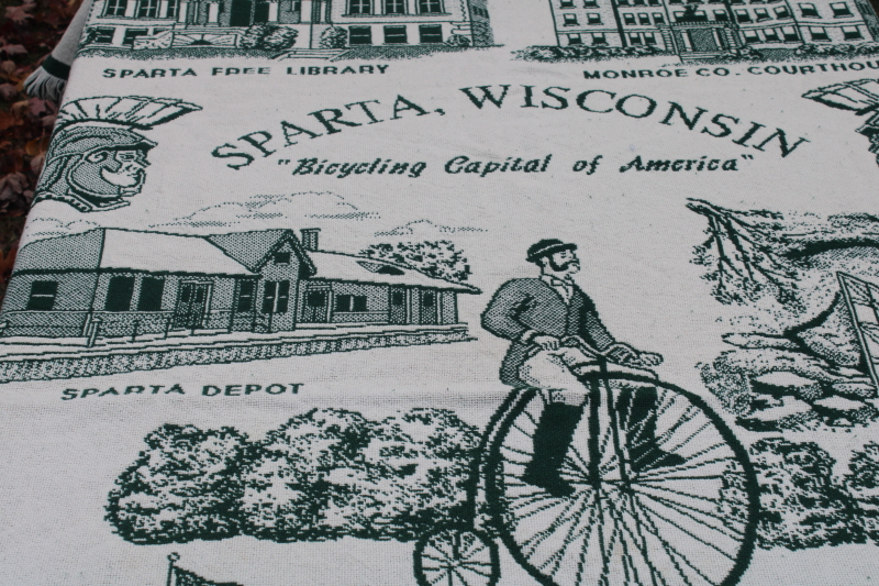 photo of Sparta Wisconsin souvenir blanket, woven throw w/ bike trail town landmarks, Ben Bikin  #2