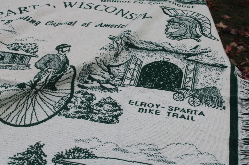 photo of Sparta Wisconsin souvenir blanket, woven throw w/ bike trail town landmarks, Ben Bikin  #4