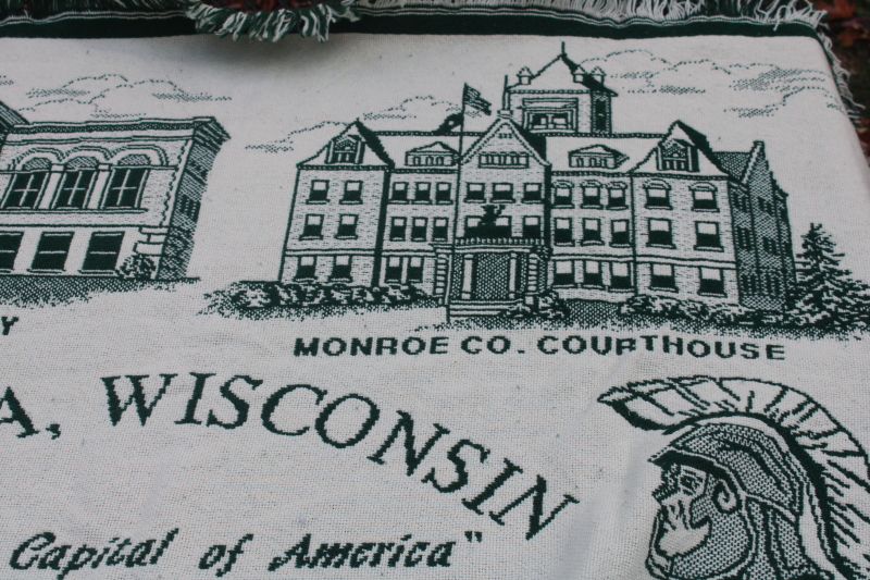 photo of Sparta Wisconsin souvenir blanket, woven throw w/ bike trail town landmarks, Ben Bikin  #6