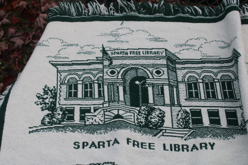 photo of Sparta Wisconsin souvenir blanket, woven throw w/ bike trail town landmarks, Ben Bikin  #7