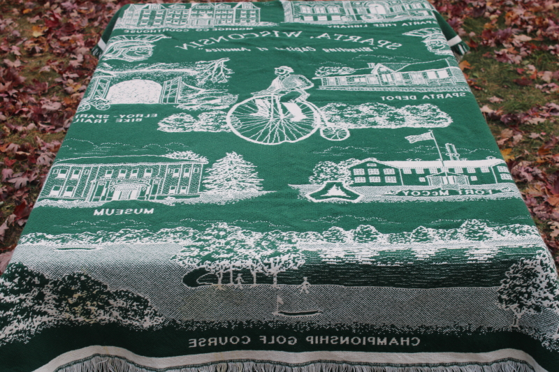 photo of Sparta Wisconsin souvenir blanket, woven throw w/ bike trail town landmarks, Ben Bikin  #8