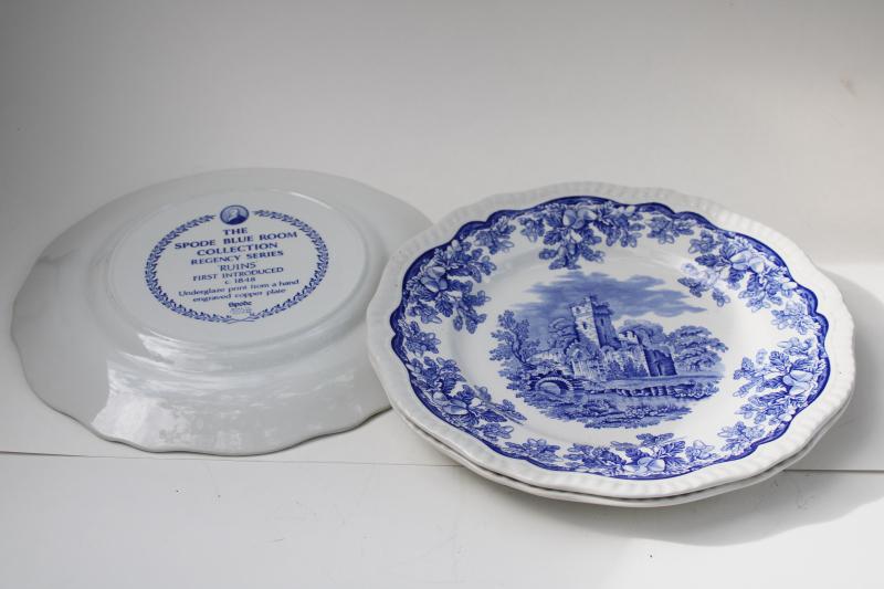 photo of Spode Blue Room Regency collection dinner plates blue & white china ruins scene #3