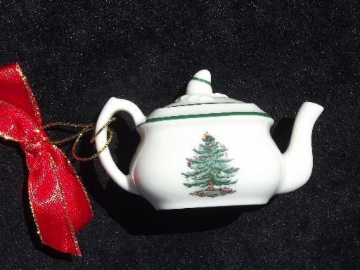 photo of Spode Christmas Tree pattern china ornaments, teapot and girl doll #5