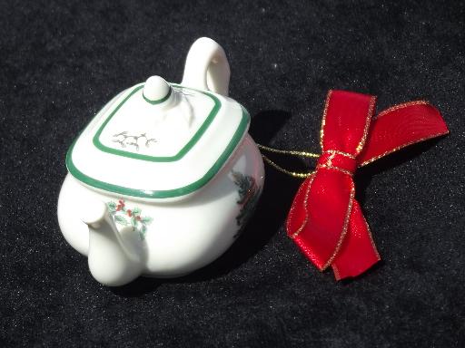 photo of Spode Christmas Tree pattern china ornaments, teapot and girl doll #6