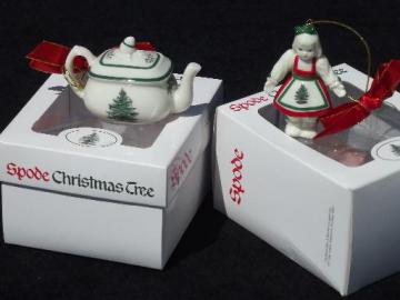 catalog photo of Spode Christmas Tree pattern china ornaments, teapot and girl doll