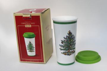 catalog photo of Spode Christmas tree pattern travel coffee cup, ceramic tumbler w/ lid in original box