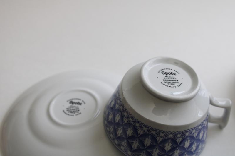 photo of Spode England geranium pattern, vintage blue & white china tea cups & saucers #4