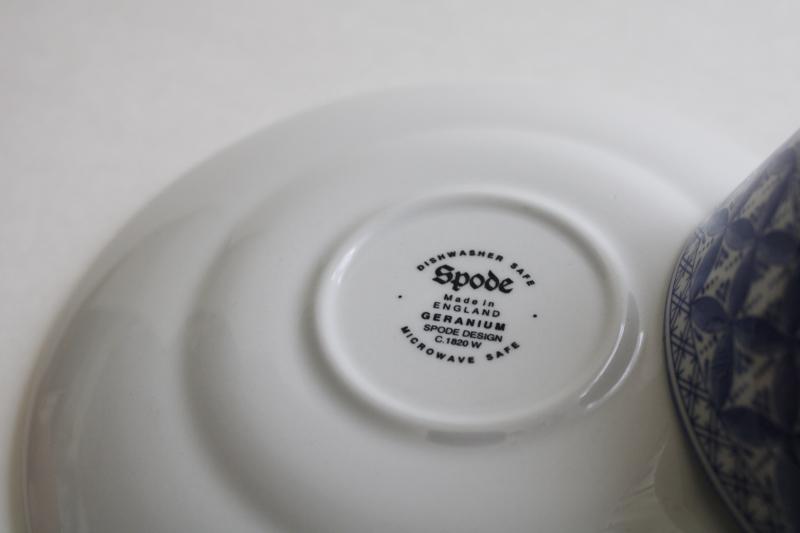 photo of Spode England geranium pattern, vintage blue & white china tea cups & saucers #5