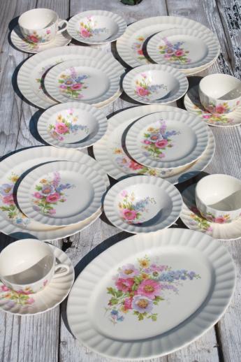 photo of Spring Bouquet Knowles china, 40s vintage cottage garden flowers dishes set for 4 #1