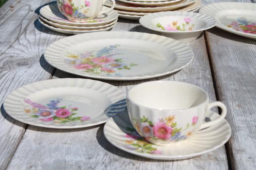 photo of Spring Bouquet Knowles china, 40s vintage cottage garden flowers dishes set for 4 #2