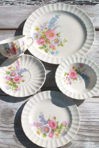 photo of Spring Bouquet Knowles china, 40s vintage cottage garden flowers dishes set for 4 #3