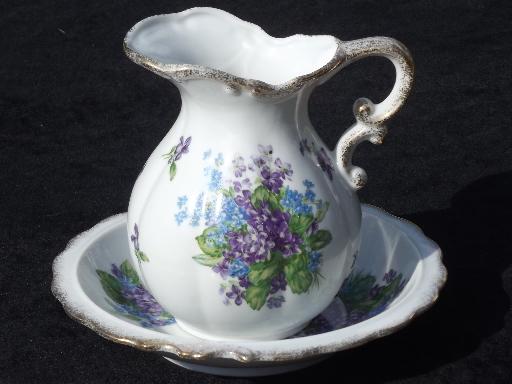 photo of Spring Bouquet Lefton china vintage wash pitcher and bowl set, violets floral #1