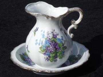 catalog photo of Spring Bouquet Lefton china vintage wash pitcher and bowl set, violets floral