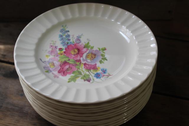 photo of Spring Bouquet pattern vintage china dinner plates, delphiniums & peonies floral #3