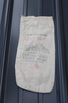 catalog photo of Spring Mill Indiana State Park stone ground corn meal sack, vintage printed cotton bag souvenir 