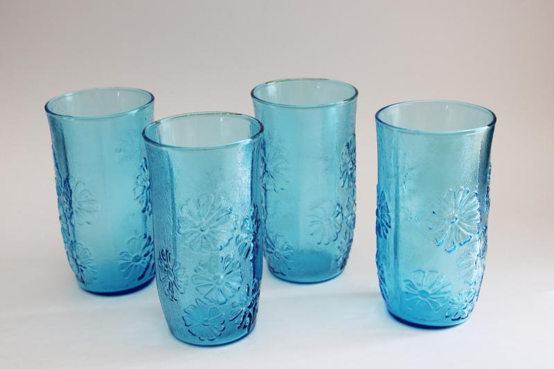 photo of Spring Song Anchor Hocking laser blue glass tumblers, vintage drinking glasses set #1