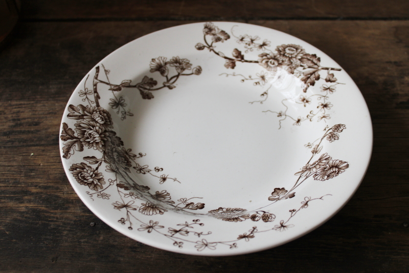 photo of Spring pattern brown transferware, antique ironstone china plate w/ old England registry stamp #1