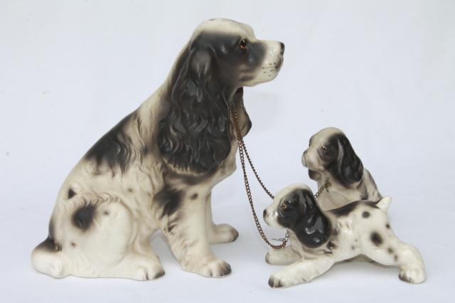 photo of Springer spaniel family, vintage china dog figurines, mama & babies black & white spaniels #4