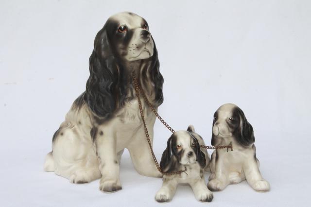 photo of Springer spaniel family, vintage china dog figurines, mama & babies black & white spaniels #8