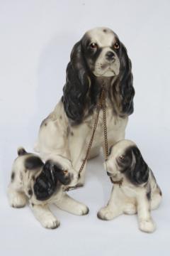 catalog photo of Springer spaniel family, vintage china dog figurines, mama & babies black & white spaniels