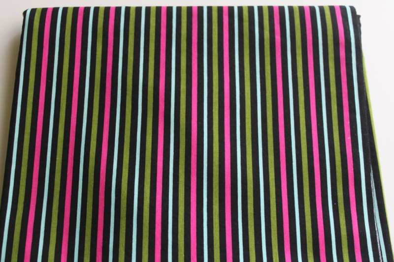 photo of Springs cotton fabric, aqua, bright pink & avocado green on black roly poly striped print  #1