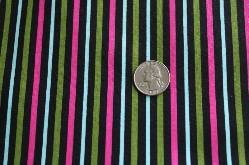 photo of Springs cotton fabric, aqua, bright pink & avocado green on black roly poly striped print  #2