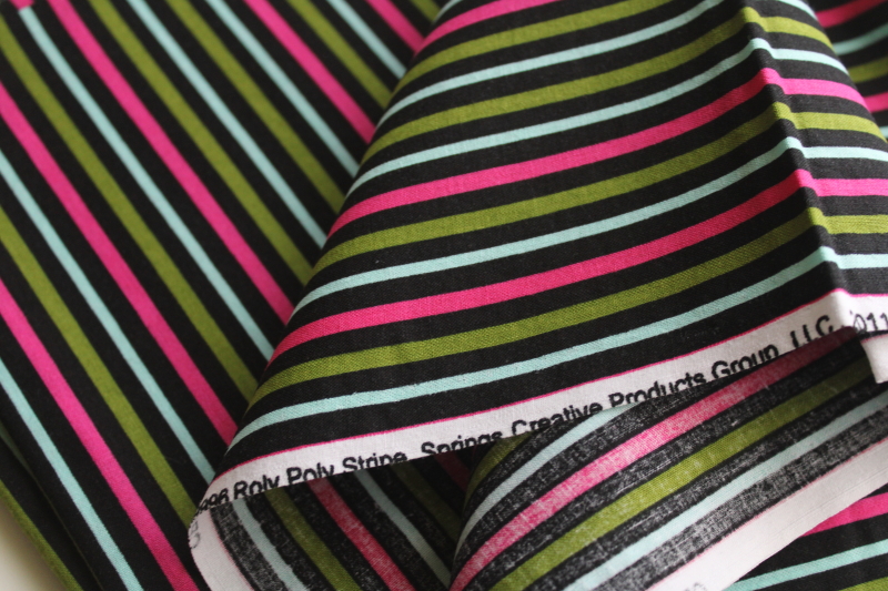 photo of Springs cotton fabric, aqua, bright pink & avocado green on black roly poly striped print  #3