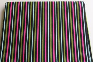 catalog photo of Springs cotton fabric, aqua, bright pink & avocado green on black roly poly striped print 