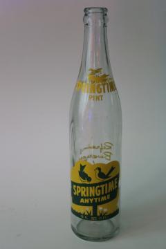 catalog photo of Springtime Anytime, vintage glass soda bottle w/ cute retro graphics yellow & green birds 