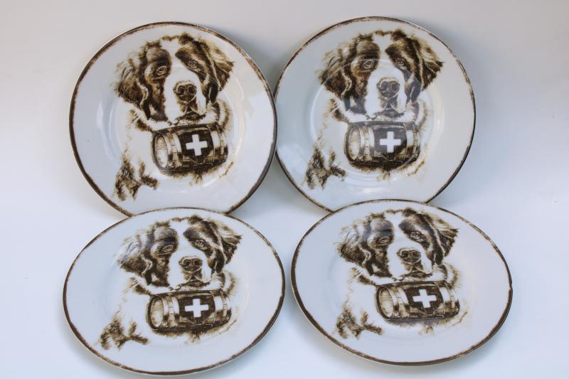 photo of St Bernard dog brown print Pottery Barn ceramic salad plates, set of four #1