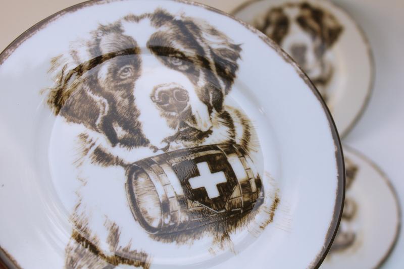 photo of St Bernard dog brown print Pottery Barn ceramic salad plates, set of four #2