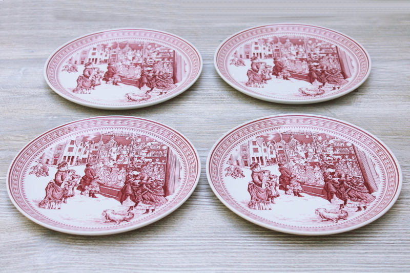photo of St Nick Christmas time print red white Spode china salad plates Williams Sonoma label never used set #1