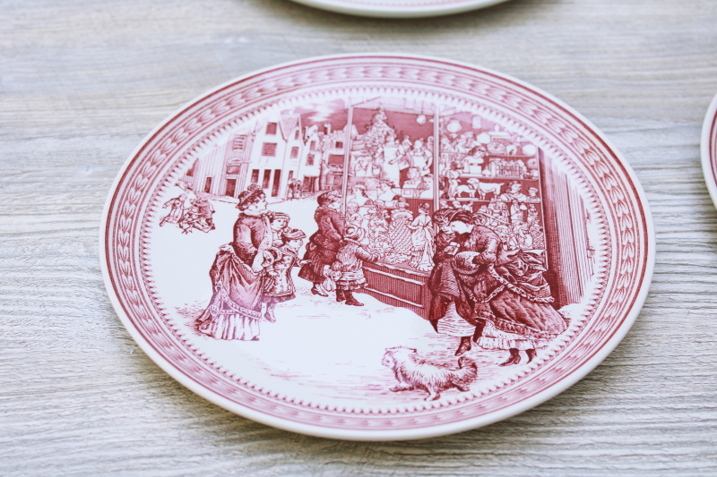 photo of St Nick Christmas time print red white Spode china salad plates Williams Sonoma label never used set #2