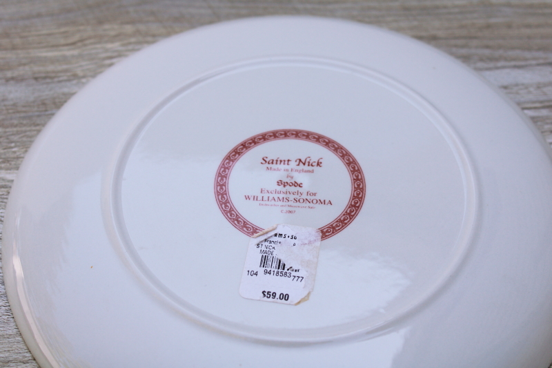 photo of St Nick Christmas time print red white Spode china salad plates Williams Sonoma label never used set #3