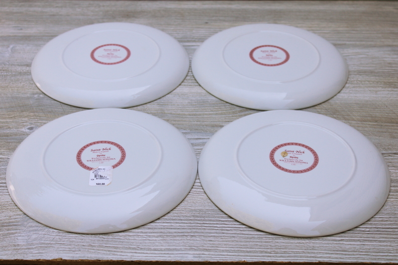 photo of St Nick Christmas time print red white Spode china salad plates Williams Sonoma label never used set #4
