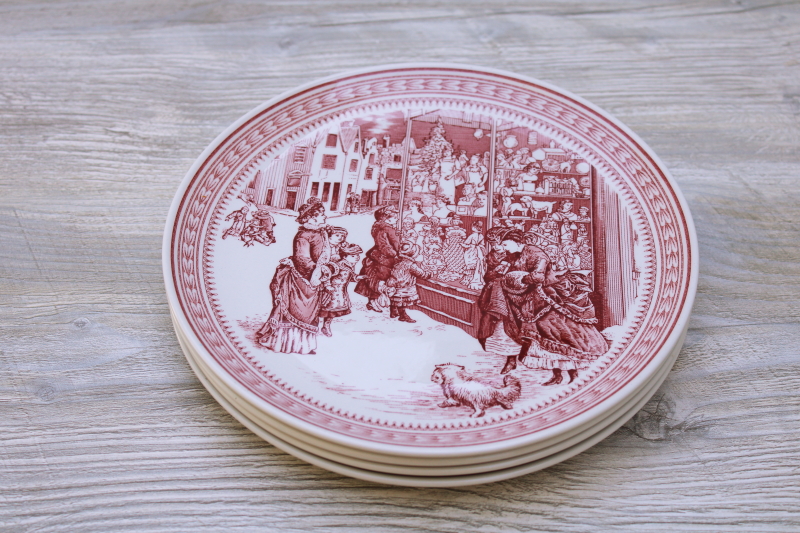photo of St Nick Christmas time print red white Spode china salad plates Williams Sonoma label never used set #6