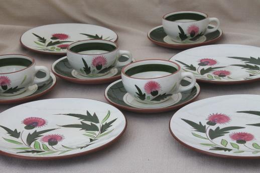 photo of Stangl Thistle cups & saucers w/ plates, vintage Stangl pottery coffee, tea dessert set #1