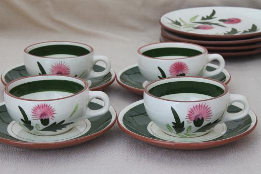 photo of Stangl Thistle cups & saucers w/ plates, vintage Stangl pottery coffee, tea dessert set #7