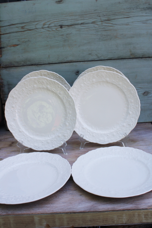 photo of Steubenville Rose Point embossed border vintage creamy white china dinner plates #1