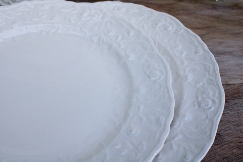 photo of Steubenville Rose Point embossed border vintage creamy white china dinner plates #2