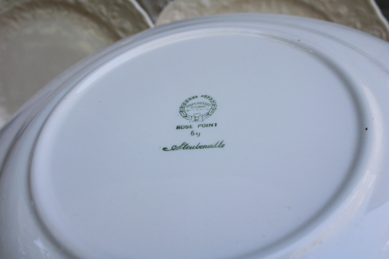 photo of Steubenville Rose Point embossed border vintage creamy white china dinner plates #3