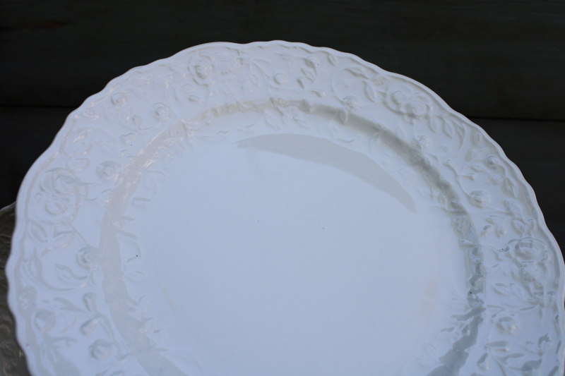 photo of Steubenville Rose Point embossed border vintage creamy white china dinner plates #4