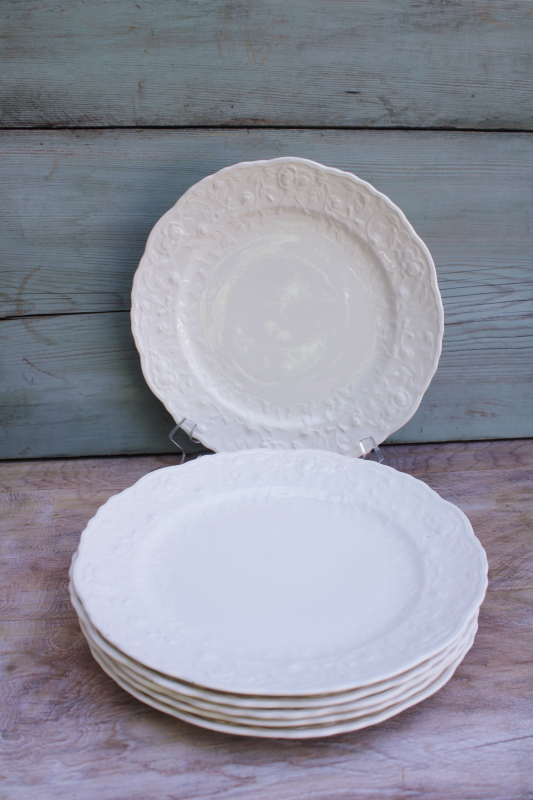 photo of Steubenville Rose Point embossed border vintage creamy white china dinner plates #5